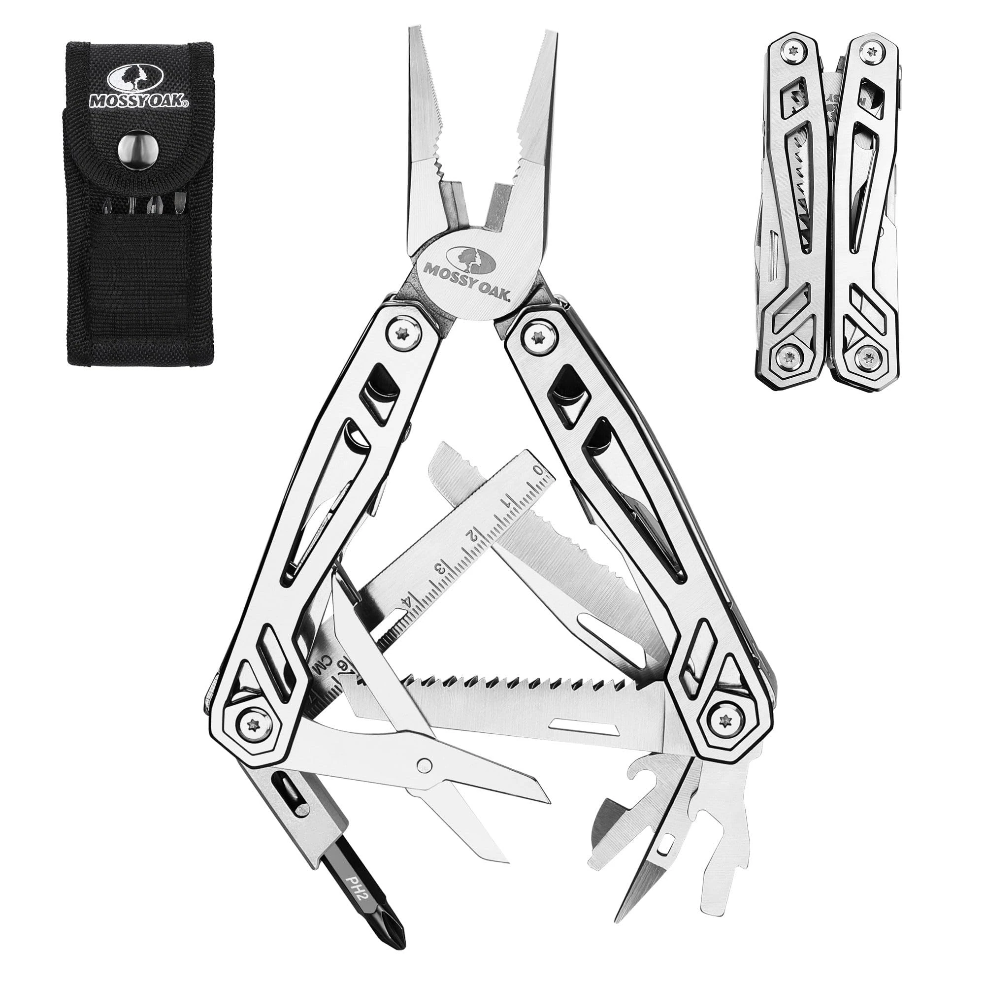 Mossy Oak 22-in-1 Multi-Tool Pliers Includes Carry Bag | Stainless Steel Multifunctional Tool Featuring A Wire Cutter, Bottle Opener, and Screwdriver| Perfect for Camping and Maintenance | Metallic