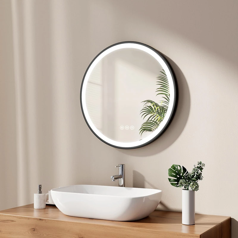 EMKE Round Bathroom Mirror 60 cm, Round Wall Mirror with Light, Touch Switch and Anti-Fog Function, 3 Variable Light Colours, Black Frame and Adjustable Strap