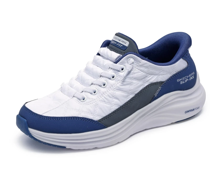 Skechers Women's Contour Foam Cozy Fit Hands Free Slip-ins Sneaker, White/Navy, 2.5 UK