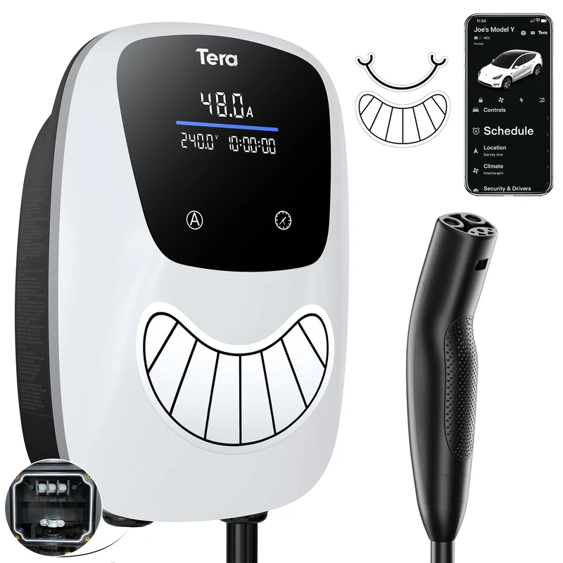 Tera Electric Vehicle Charger Tesla: ETL Certified Level 2 48 Amp 240 Volt DIY Stickers Home EVSE with Manual Setting Amps Schedule on Unit NEMA 14-50 25 FT Cable W02