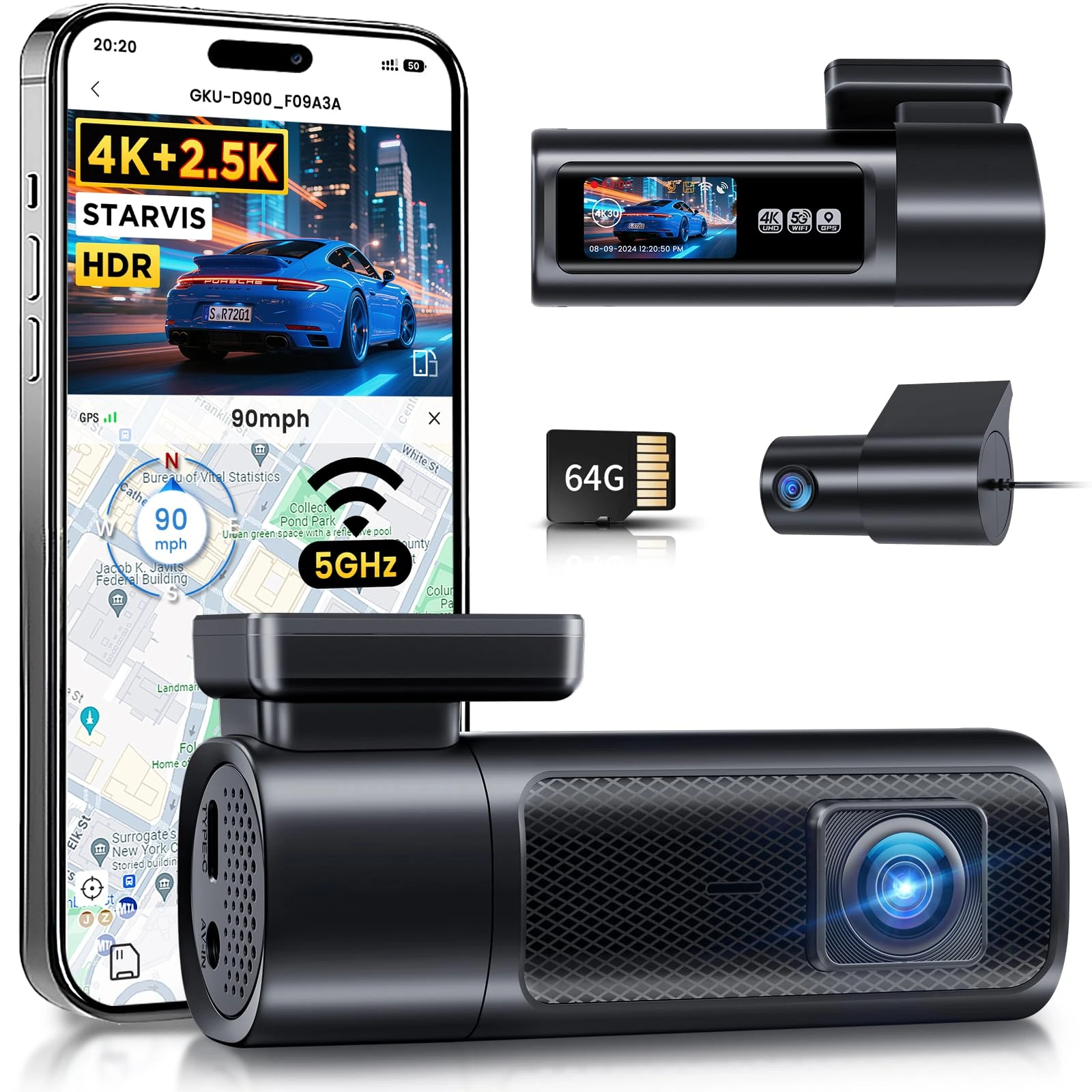 GKU 4K+2.5K Dash Cam Front and Rear, 5Ghz Wi-Fi & GPS, HDR, Dual Car Camera with 1.47” IPS Screen, Dashcam with 64GB SD Card, Starlight Night Vision, 24H Parking Mode, G-Sensor,Max 512GB