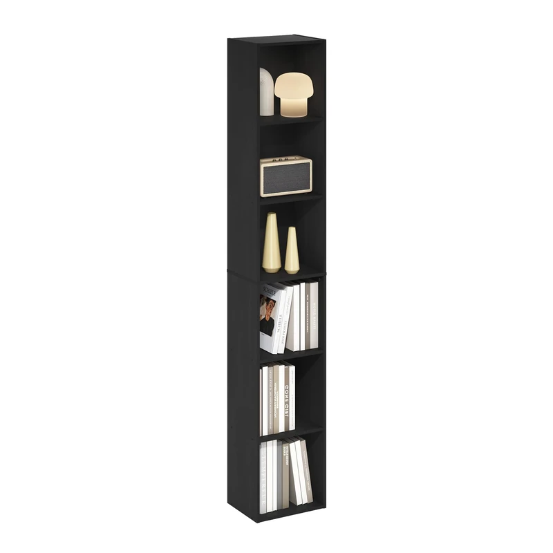 Furinno LUDER Book Shelf, 6-Tier Tall Modern Bookshelf, Bookcase with Open Shelves, 9.3 x 12 x 71, for Living Room, Bedroom, Home Office, Blackwood