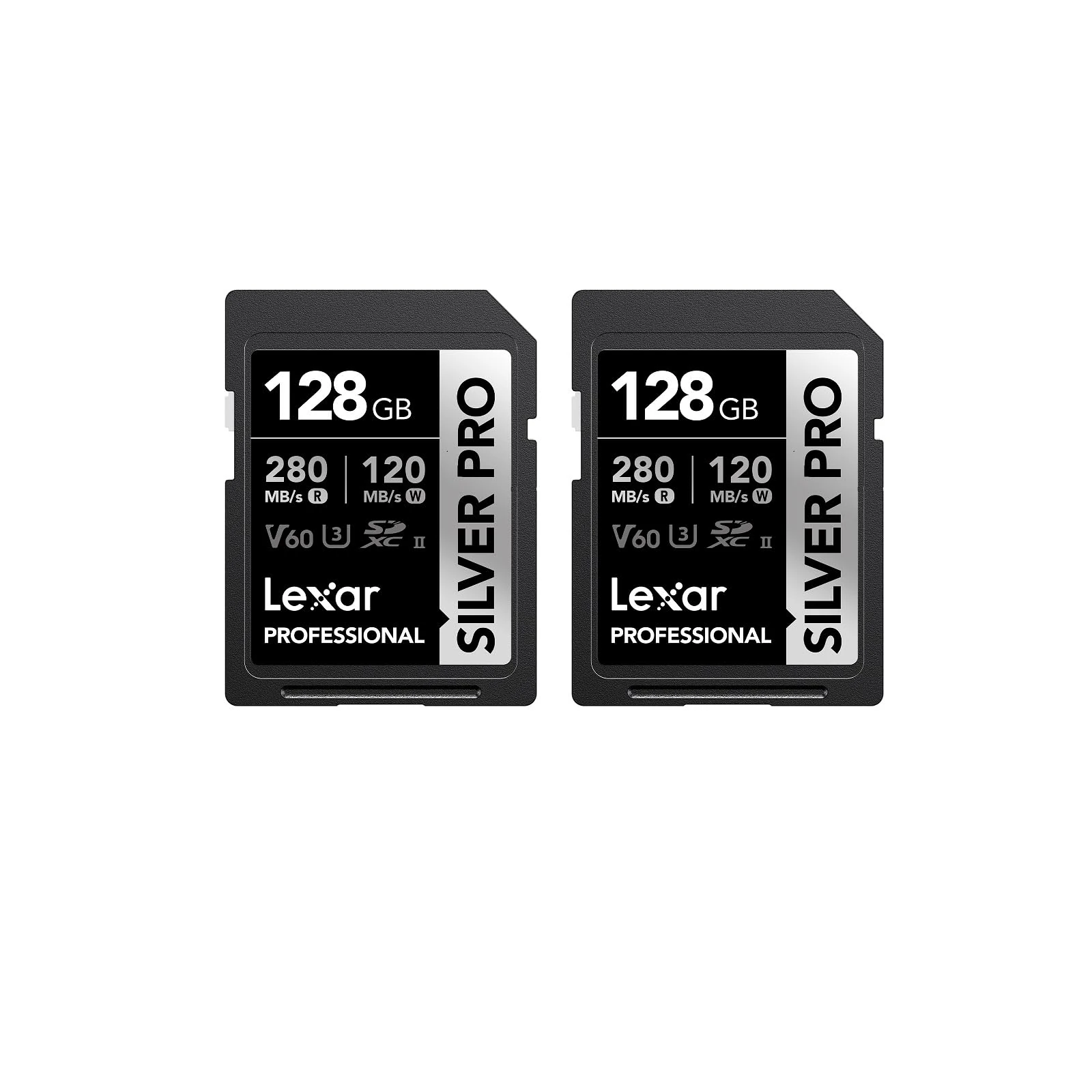 Lexar SILVER PRO SD Card 2x128GB, UHS-II SD Memory Card, V60, U3, C10, Up to 280MB/s Read/120MB/s Write, SDXC Card for DSLR/Camera/Professional Photographer/Videographer/Enthusiast(LSDSIPR128G-B2NAA)