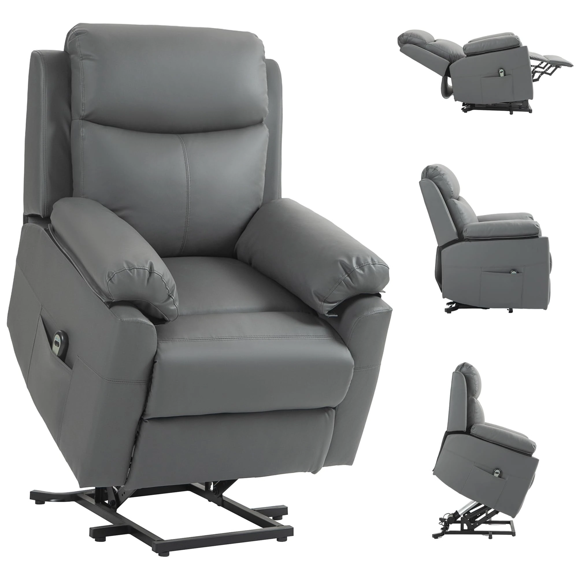 HOMCOM Power Lift Recliner Chair, Electric Lift Chair for Elderly, Overstuffed Faux Leather Riser and Reclining Armchair with Remote Control, Side Pockets, for Living Room, Charcoal Grey