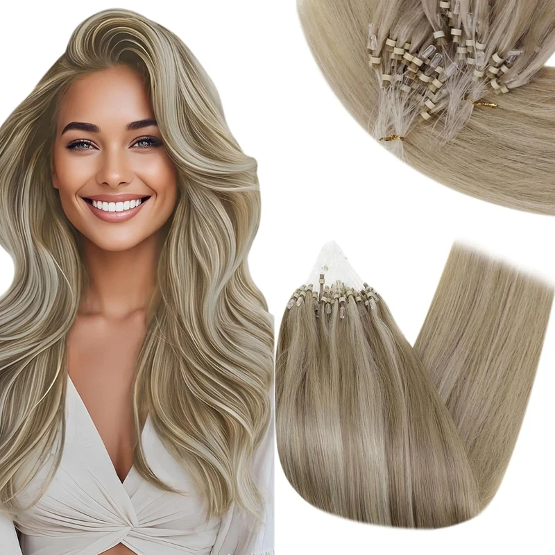 RUNATURE Micro Beads Hair Extensions Real Human Hair Blonde Micro Loop Hair Extensions Human Hair 16 Inch Brown Highlight Blonde 50g 50s #p8/60