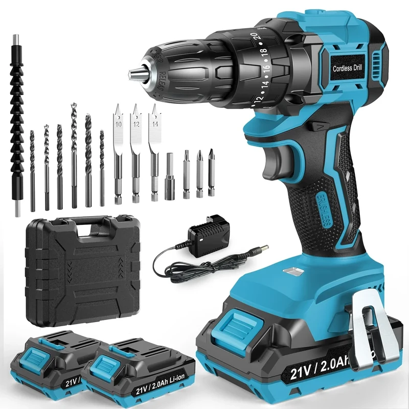 LEEIKOO Cordless Drill Driver 21V, Brushless Cordless Hammer Drill with 2 Batteries 2000mAh, 20+3 Torque, 45N.m Max Combi Drills, LED Light, 2 Speed, 14PCS for Home and Garden DIY Project