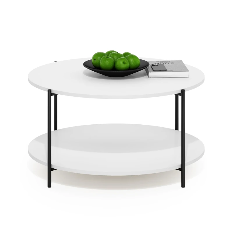 Furinno BESI Coffee Table, 2-Tier Round Modern Coffee Table with Metal Legs, Metal Frame Side Table with Open Shelf, for Living Room, Bedroom, Home Office, White