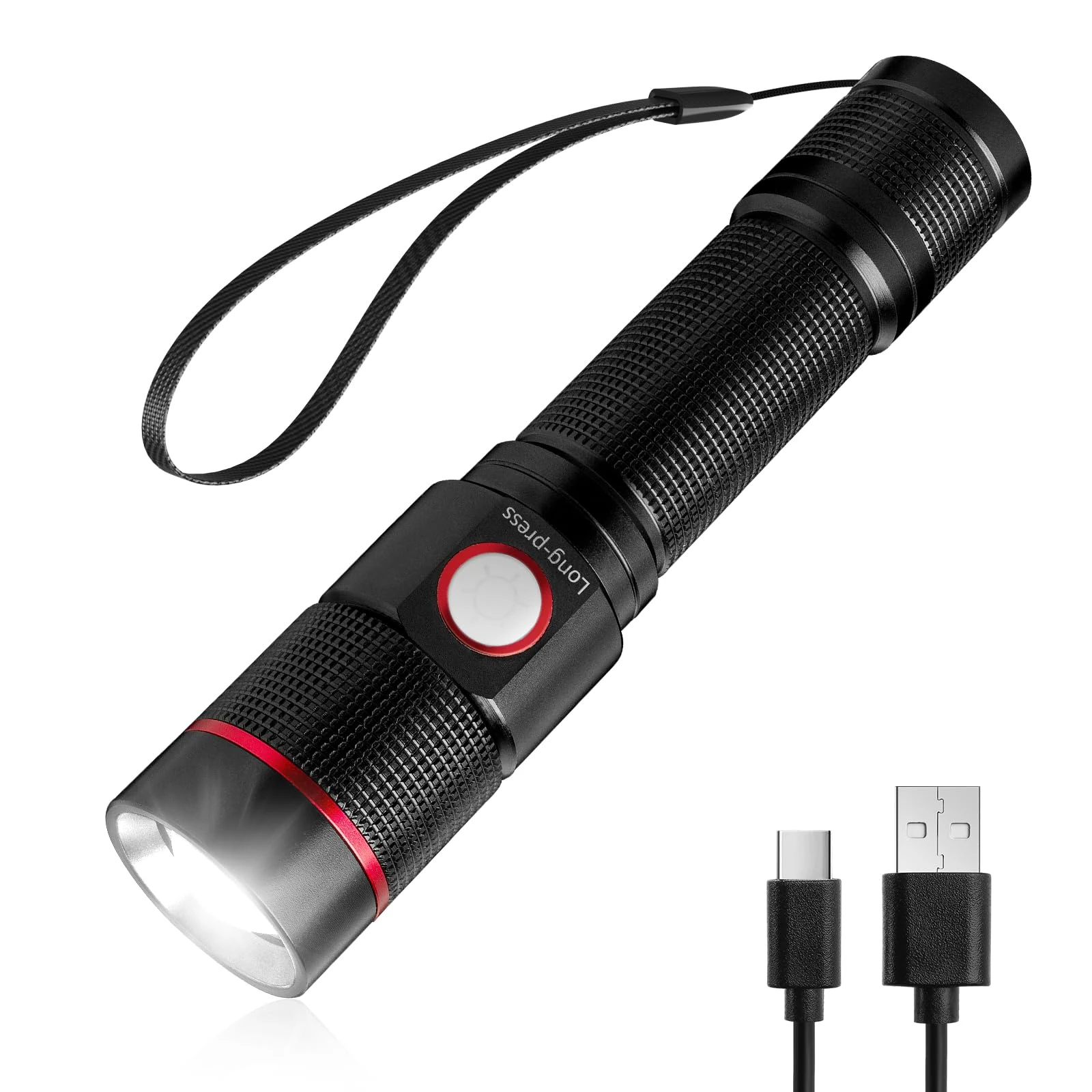 Lepro LED Torch Rechargeable, Super Bright Adjustable Focus Flashlight, 5 Modes, IPX4 Waterproof, Long Battery Life Small Pocket Torch for for Camping, Hiking, Power Cuts, Dog Walking