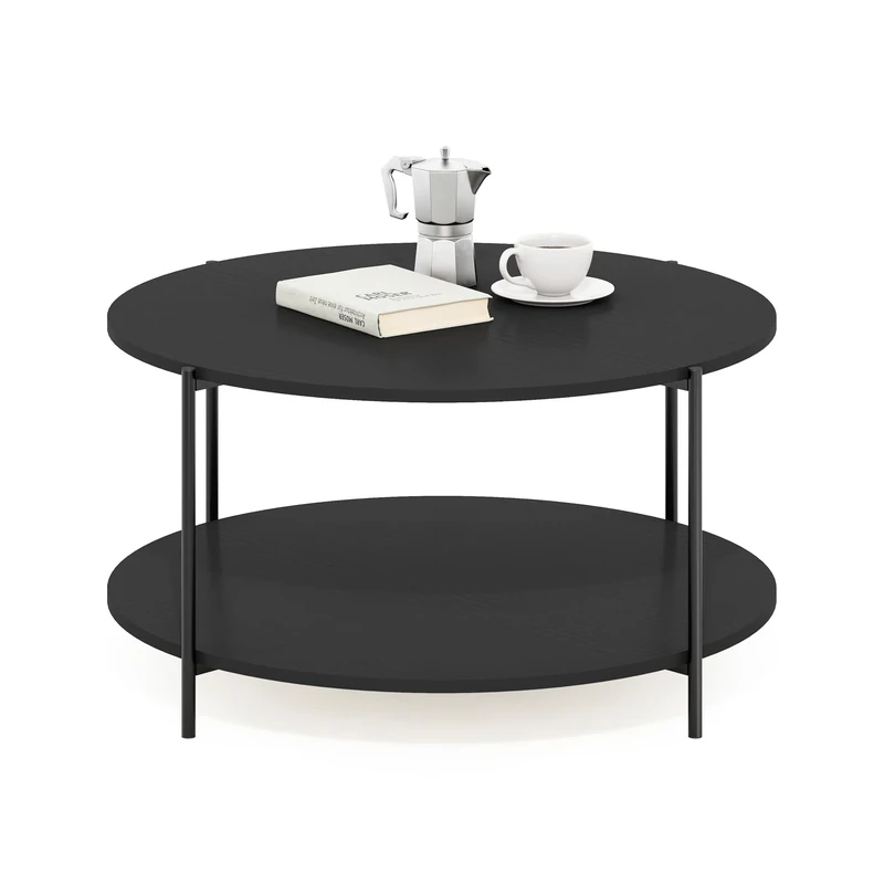 Furinno BESI Coffee Table, 2-Tier Round Modern Coffee Table with Metal Legs, Metal Frame Side Table with Open Shelf, for Living Room, Bedroom, Home Office, Americano