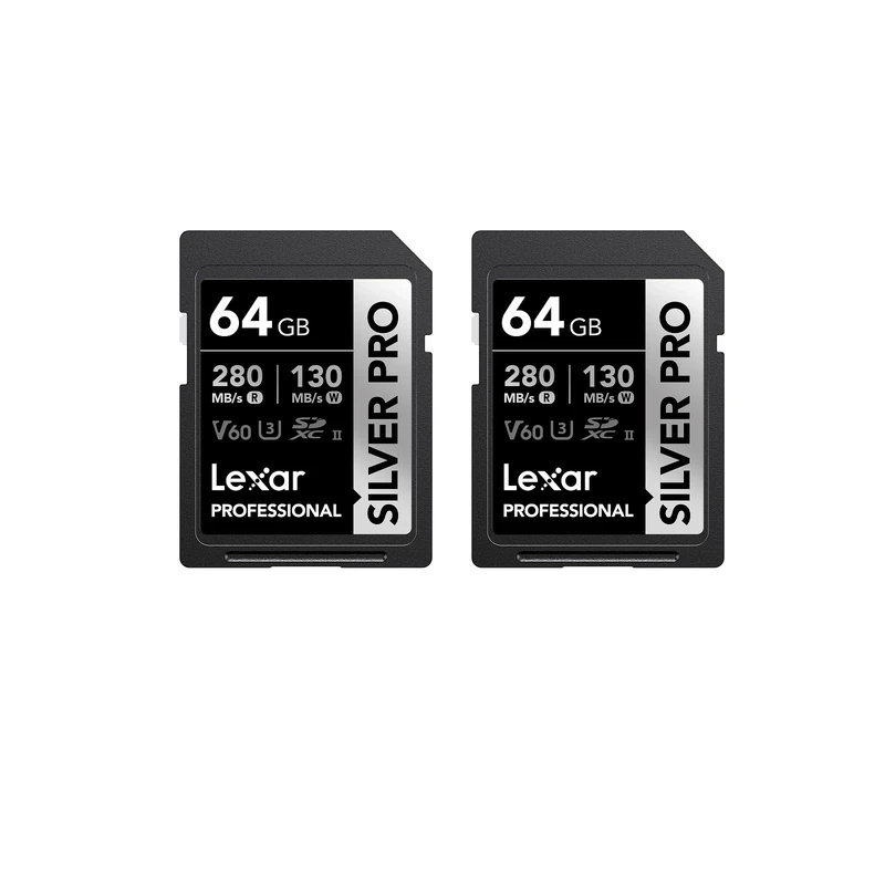 Lexar SILVER PRO SD Card 2x64GB, UHS-II SD Memory Card, V60, U3, C10, Up to 280MB/s Read, 130MB/s Write, SDXC Card for DSLR/Camera/Professional Photographer/Videographer/Enthusiast(LSDSIPR064G-B2NAA)