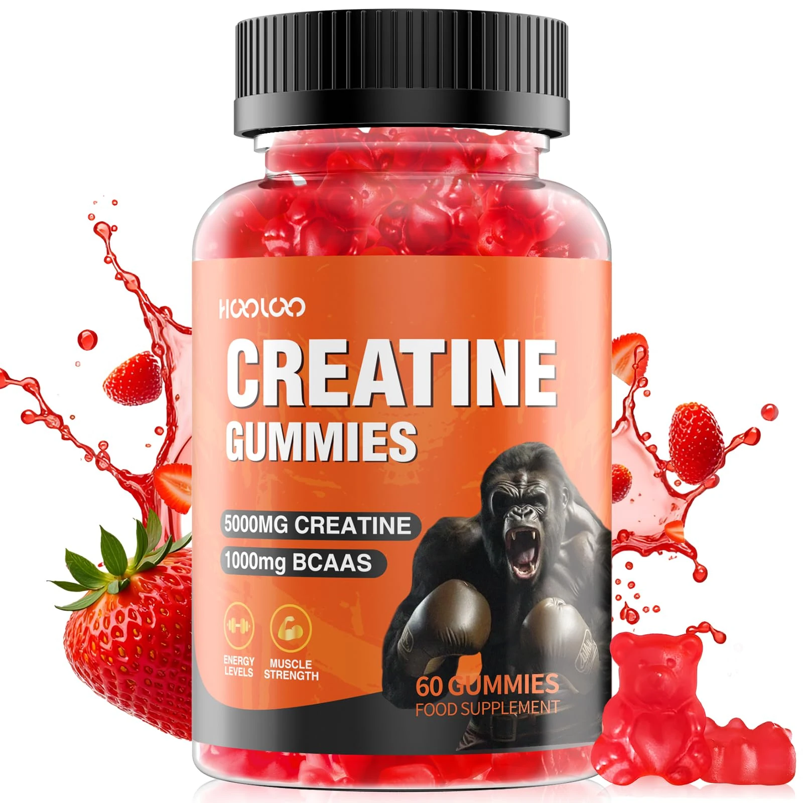 Creatine Gummies 5000mg Creatine Monohydrate with 1000mg BCAAs (1 Month Supply) for Men & Women, Vegan & Sugar-Free, Easy Pre/Post Workout Gym Support for Performance and Muscle Power, 60 Count