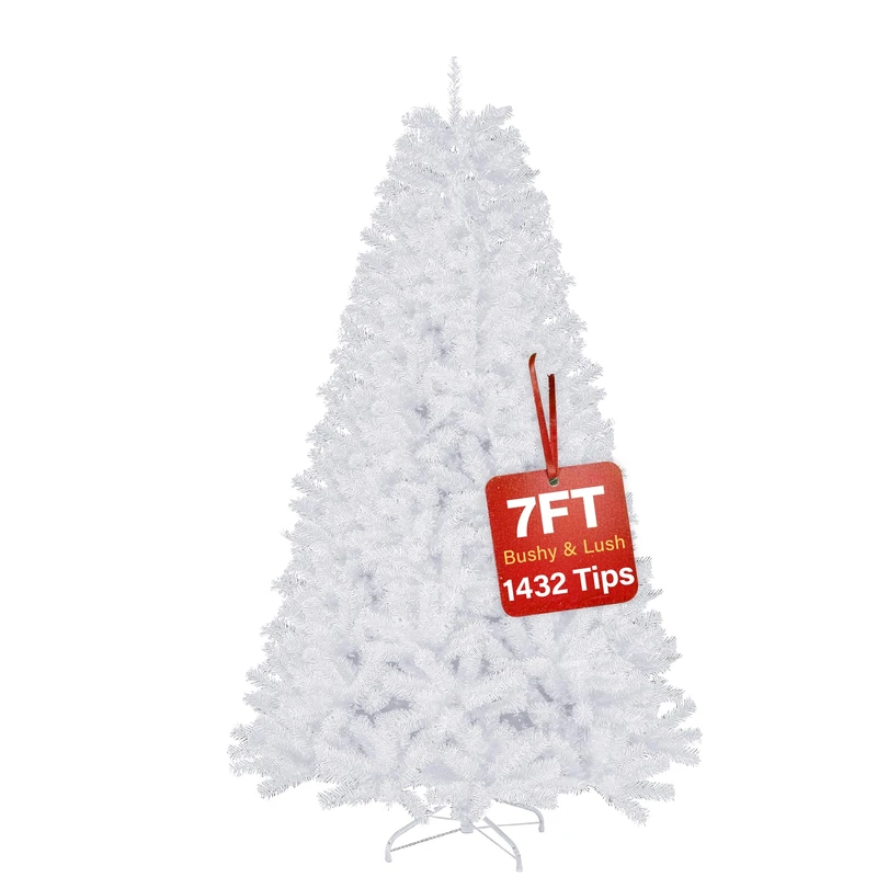 7ft White Artificial Christmas Tree – Premium Bushy Xmas Tree with 1432 Branch Tips, Full Dense Fake Silver Pine Tree Easy to Assemble, Indoor Holiday Decoration with Metal Stand