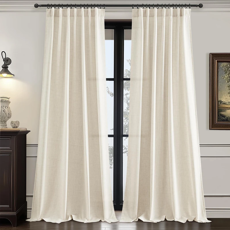 Farmhouse Light Filtering 100 Inch Curtains for Living Room 2 Panels Set, Cream Ivory Linen Blend Semi Sheer Privacy Floor to Ceiling Track Pleated Drapes with Back Tab for Dining Room Window Decor