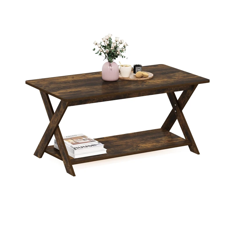 Furinno MODERN SIMPLISTIC Coffee Table, Rectangle Modern Coffee Table with X-Legs, Criss-Crossed Side Table, for Living Room, Bedroom, Home Office, Amber Pine