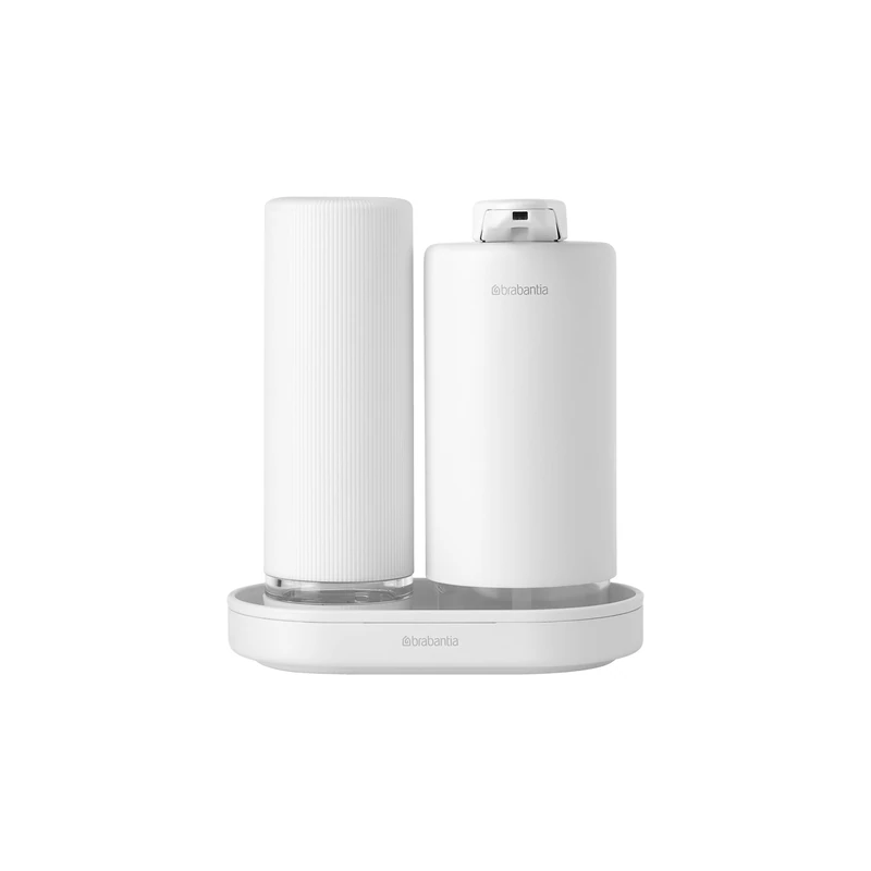 Brabantia - SinkStyle Soap Dispenser Set with 2 Stylish Dispensers for Hand and Dish Soap, Textured Tray, and Soap Squeezer – Mineral Fresh White, 2 x 200 ml