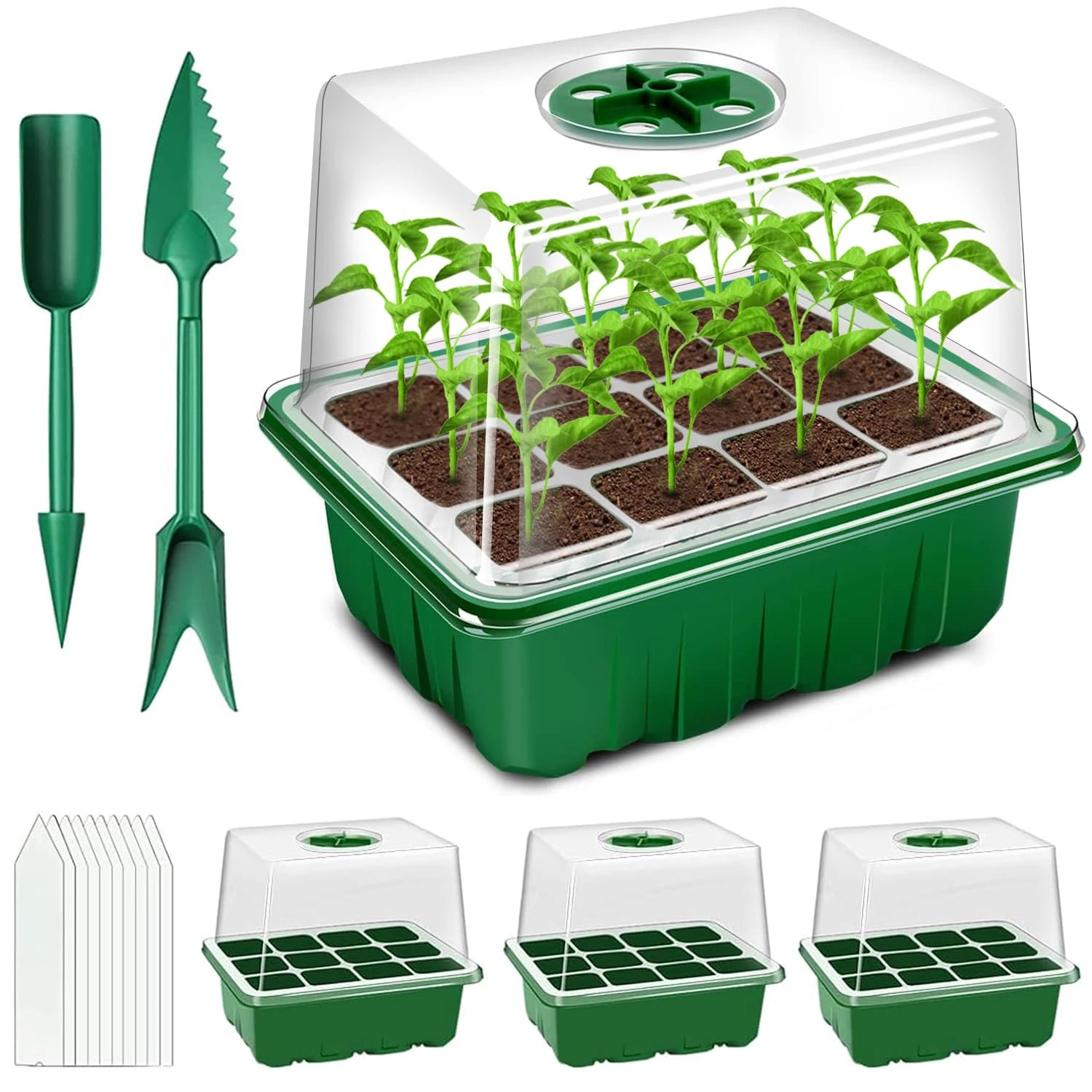 zociko Seed Trays, 3 Pack 36 Cells Propagators Trays, Reusable Seedling Starter Growing Trays Kits for Greenhouse & Gardens, Plant Germination, Adjustable Humidity, High Lids, Thicken, Reusable, Green