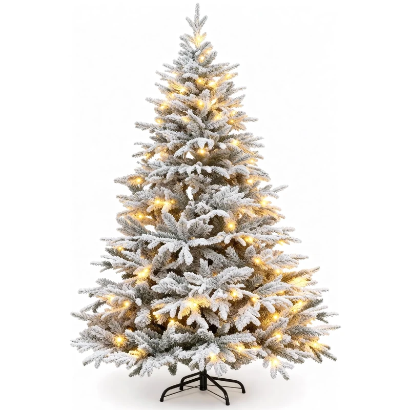 4ft Pre-Lit Snow Flocked Christmas Tree with LED Lights 320 Branch PE+PVC Mixed Tips Xmas Trees Bushy Artificial Lapland Fir Christmas Tree Fake Pine Tree with Metal Stand Easy to Assemble 120cm