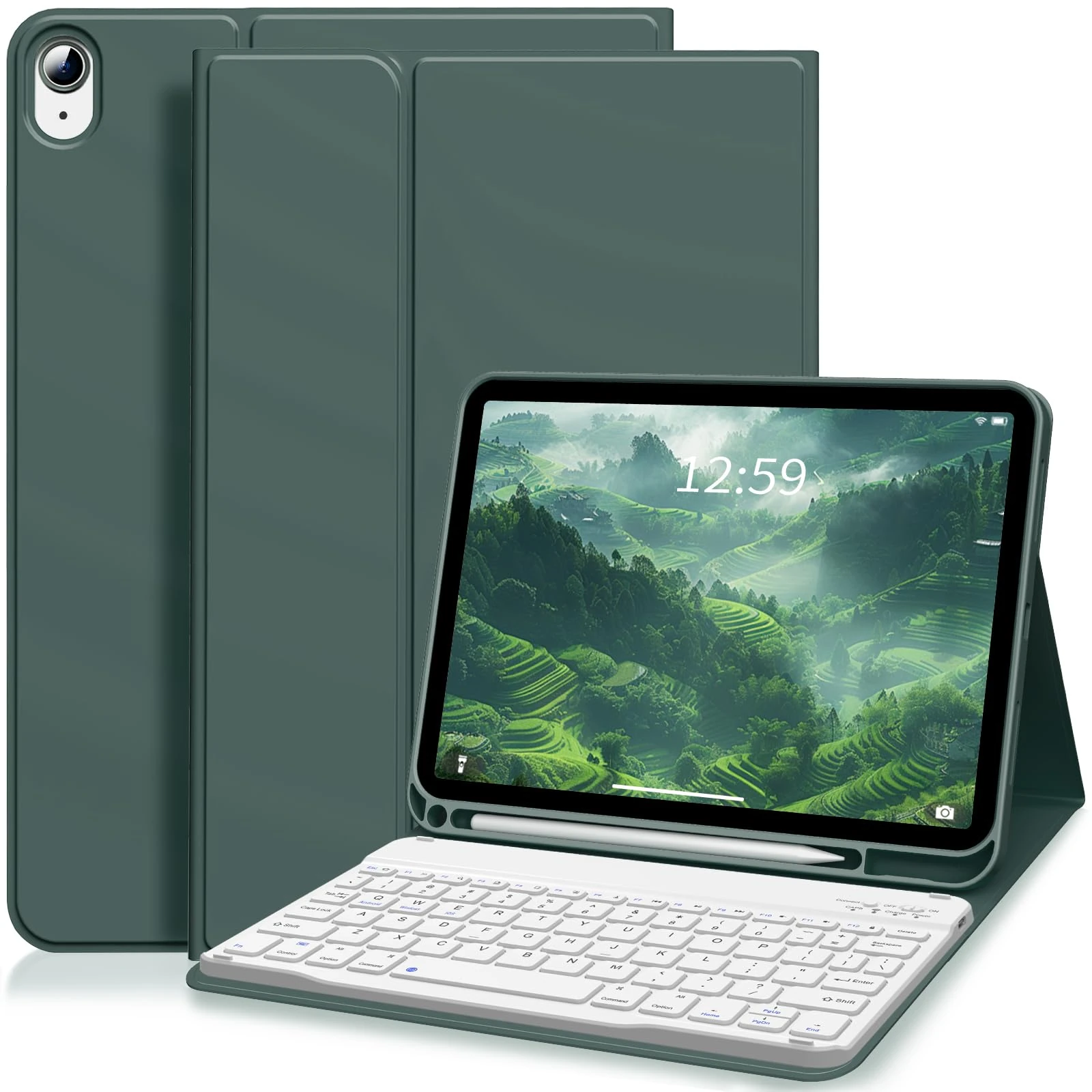 ZKTUYU for iPad 11th/10th Generation Case with Keyboard 11 inch/10.9 inch 2025 A16 2022 with Pencil Holder, Magnetic Detachable Wireless Bluetooth Folio Stand Rechargeable Keyboard Cover, Dark Green
