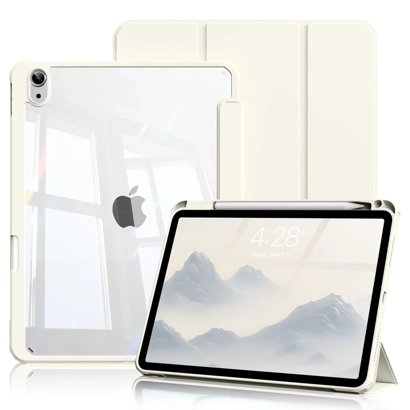 ZKTUYU Case for iPad 11th/10th Generation (A16 2025/2022）11 inch/10.9 inch with Pen Holder, Clear Transparent Back Shell Trifold Protective Case, Auto Wake/Sleep, White