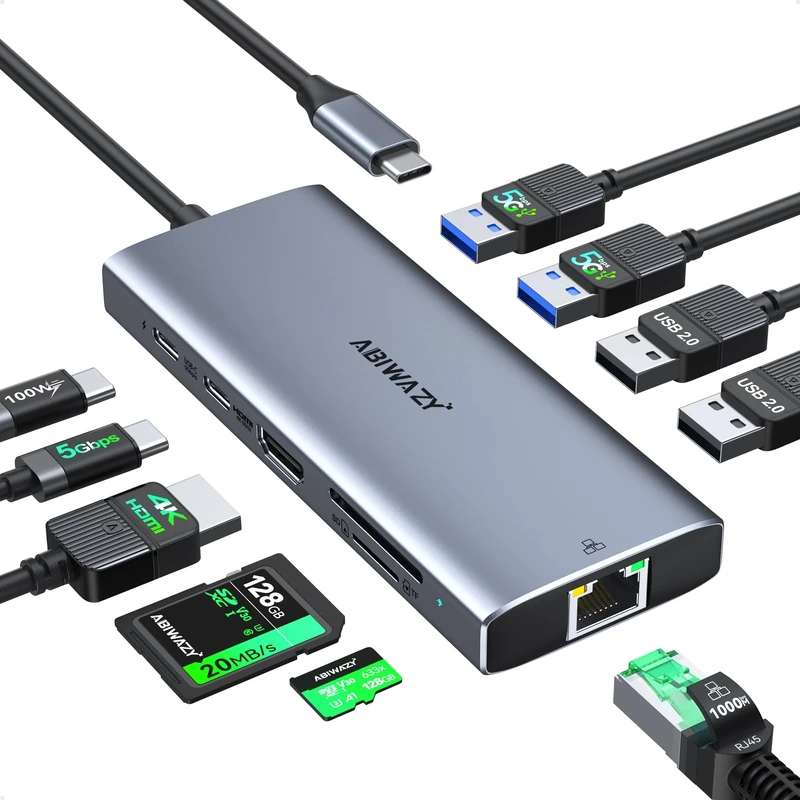 USB C Hub Adapter for MacBook Pro Air,10 in 1 USB C to USB HDMI Ethernet Hub Mac Dongle Accessories Converter for laptops (4K@60Hz HDMI+Ethernet+4USB+1USB-C Data Port+SD/TF Card Reader+100W PD)