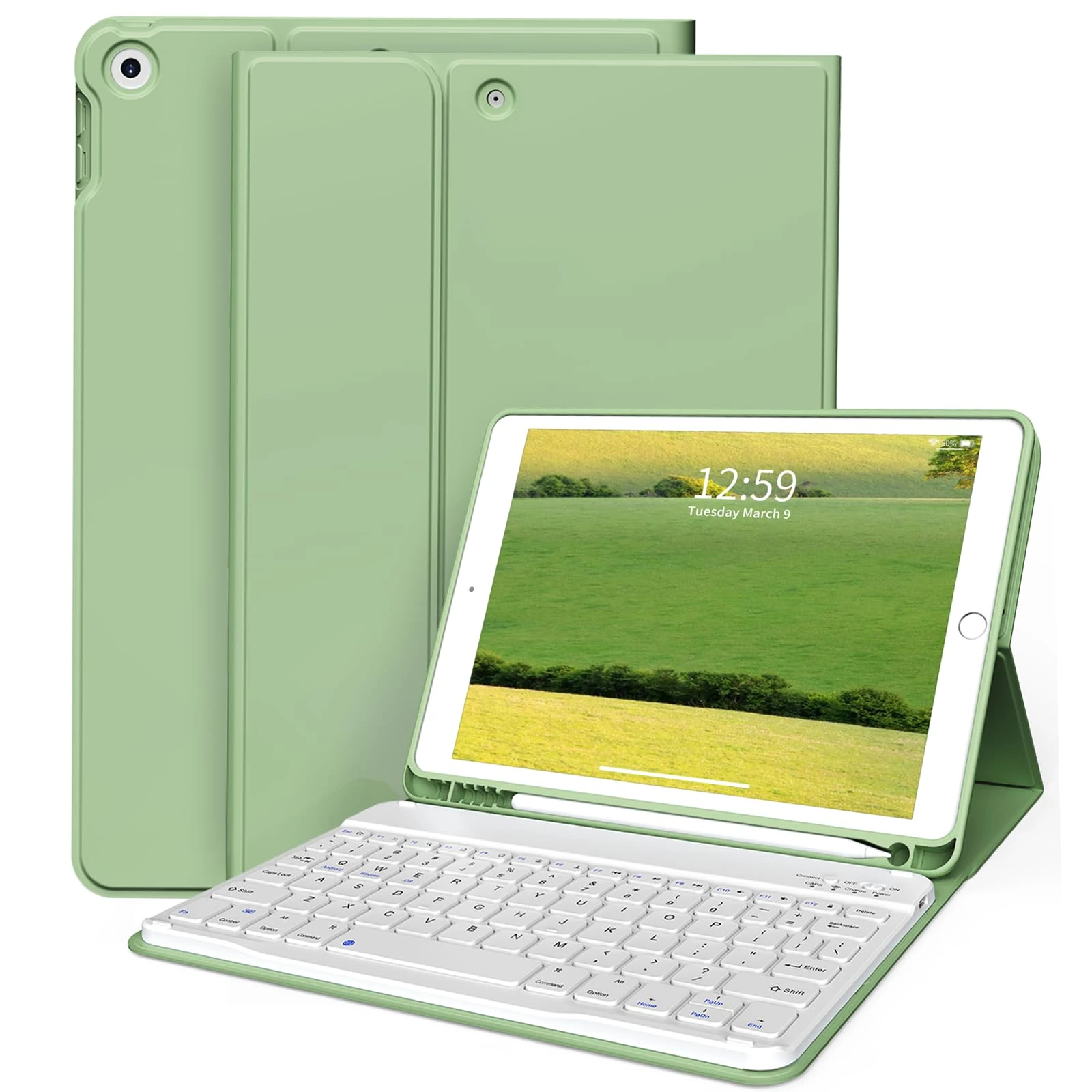 ZKTUYU Keyboard Case for iPad 9th/8th/7th Generation 10.2 inch 2021/2020/2019 with Pencil Holder, Stand Folio Detachable Wireless Bluetooth Keyboard Cover, Soft TPU Back Smart Case, Green