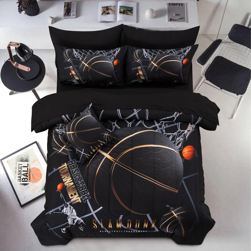 A Nice Night Basketball Court Printed Comforter Sets,with Sportsman Slam Dunk Printing 6Pcs Bedding Set in a Bag for Teen Boys,Full