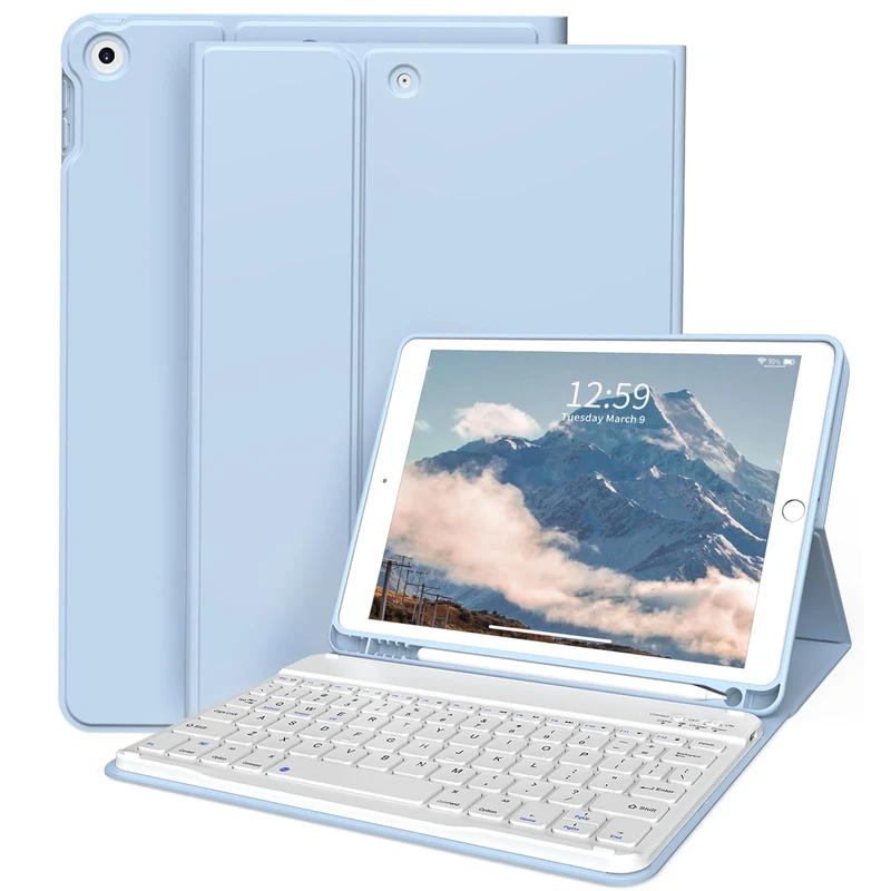 ZKTUYU Keyboard Case for iPad 9th/8th/7th Generation 10.2 inch 2021/2020/2019 with Pencil Holder, Stand Folio Detachable Wireless Bluetooth Keyboard Cover, Soft TPU Back Smart Case, Blue