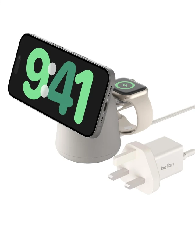Belkin BoostCharge Pro 2-in-1 Wireless Charger with Qi2 15W, MagSafe-Compatible Charger for iPhone 17, Air, 16, 15, 14 Series, Apple Watch, AirPods & Other Qi2 Enabled Devices, PSU Included - Sand