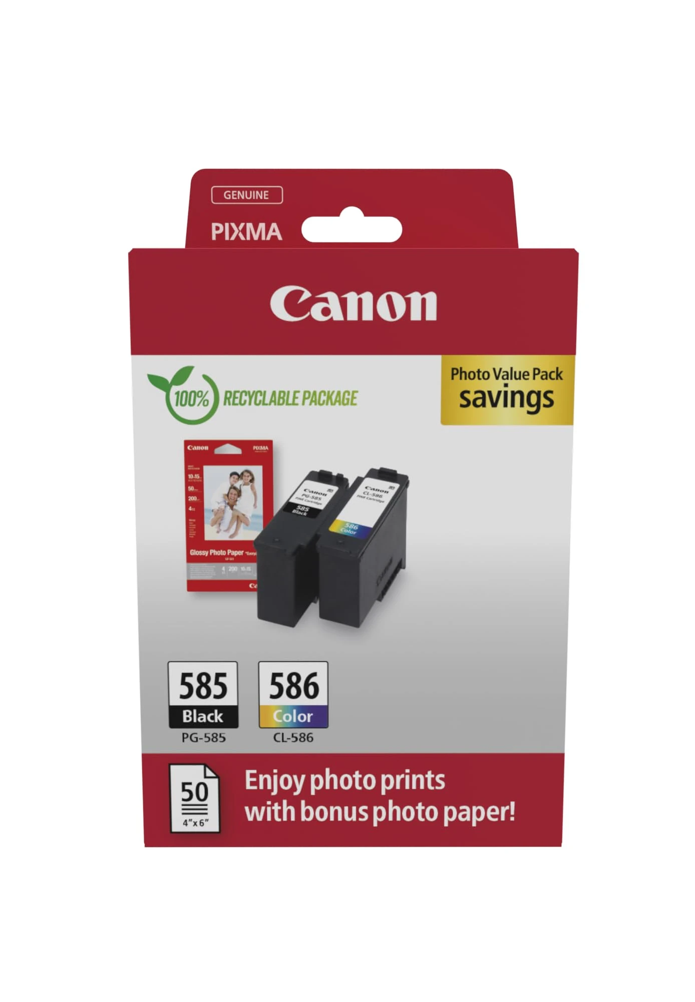 Canon PG-585 / CL-586 Genuine Ink Cartridges, Pack of 2 (1x Black, 1x Colour), Includes 50 Sheets of 4x6 Photo Paper - Compatible with PIXMA TS7650i / TS7750i