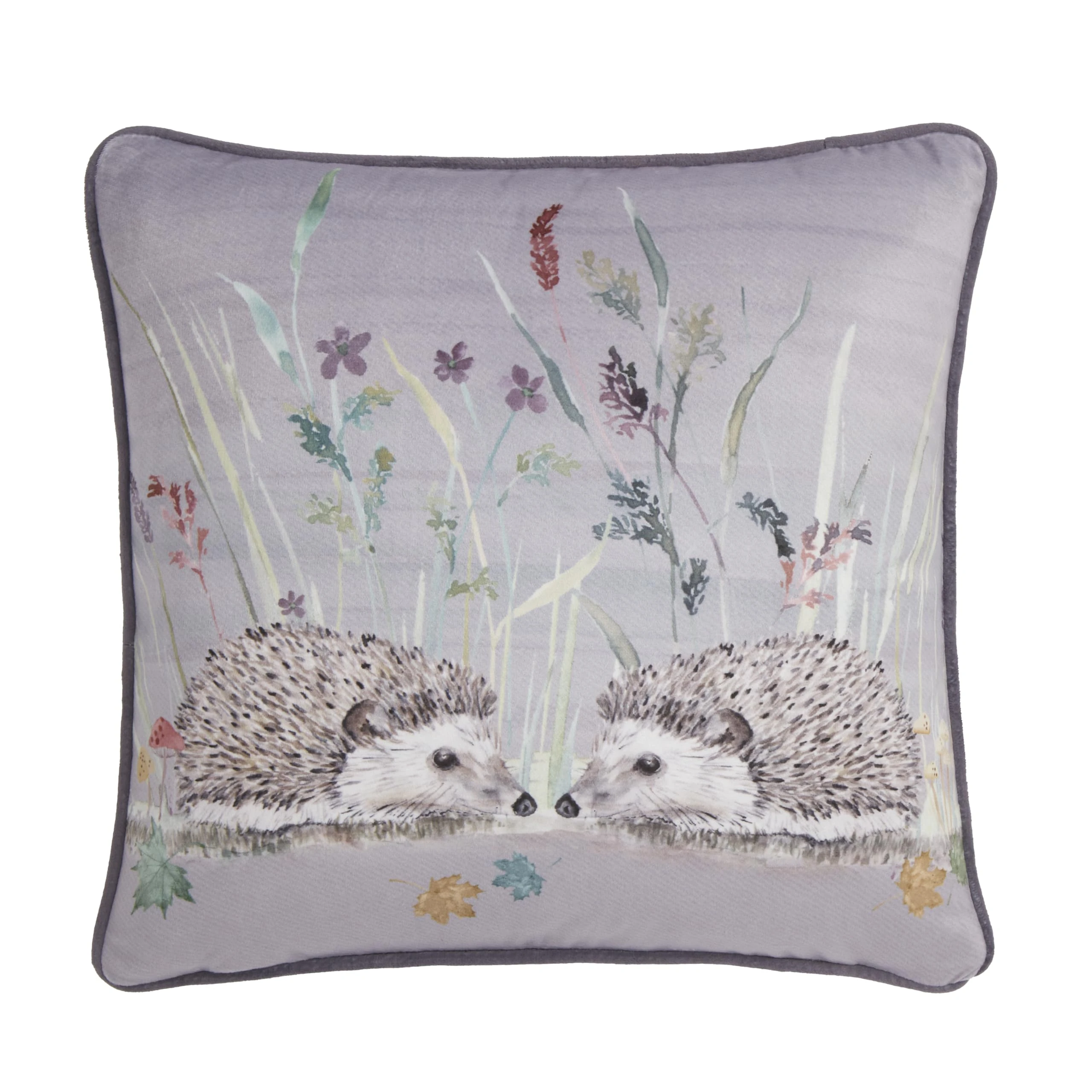 Dreams & Drapes - Grey Hedgehog Cushion (43 x 43cm) - Filling Included - Piped Edge - Reversible Design - Grey Flannelette/Check - Woodland Floral Cushion Cover