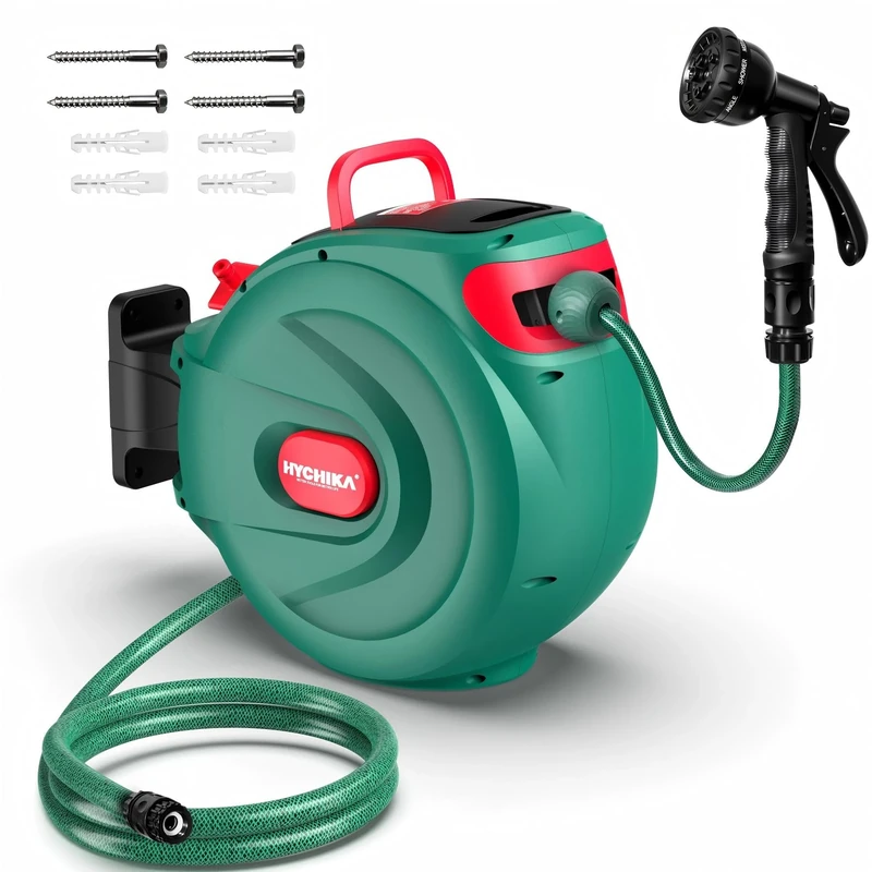 HICHIKA Hose Reel 20M – Wall Mounted Retractable Hose Reel for Garden, Auto Lock and Auto Rewind, 8 Function Spray Gun, 180°Swivel Hose Box, Outdoor Watering Securely Store
