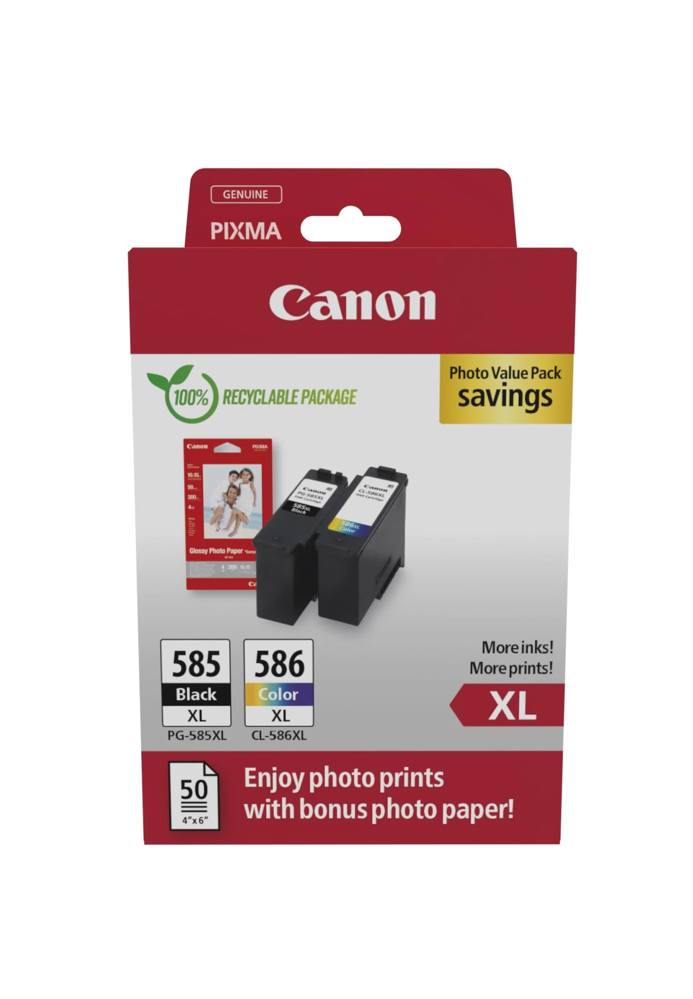 Canon PG-585XL / CL-586XL Genuine Ink Cartridges, Pack of 2 (1x Black, 1x Colour), Includes 50 Sheets of 4x6 Photo Paper - Compatible with PIXMA TS7650i / TS7750i