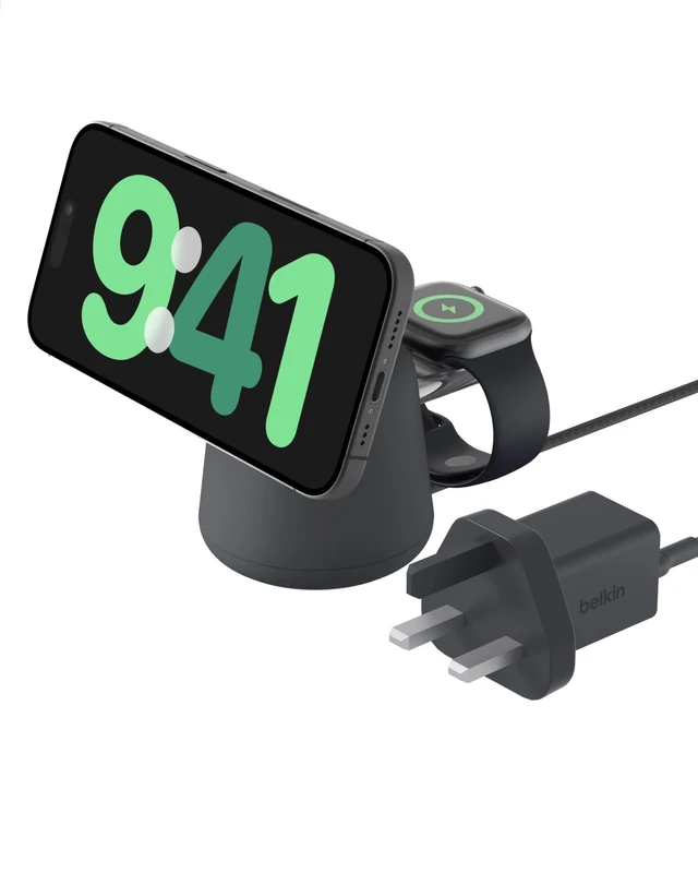 Belkin BoostCharge Pro 2-in-1 Wireless Charger with Qi2 15W, MagSafe-Compatible Charger for iPhone 17, Air, 16, 15, 14 Series, Apple Watch, AirPods & Other Qi2 Enabled Devices, PSU Included - Black