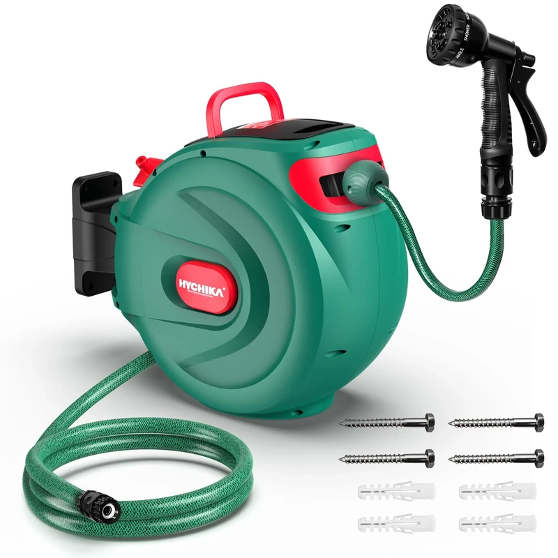 HYCHIKA Hose Reel 30M – Wall Mounted Retractable Hose Reel for Garden, Auto Lock and Auto Rewind, 8 Function Spray Gun, 180°Swivel Hose Box, Outdoor Watering Securely Store
