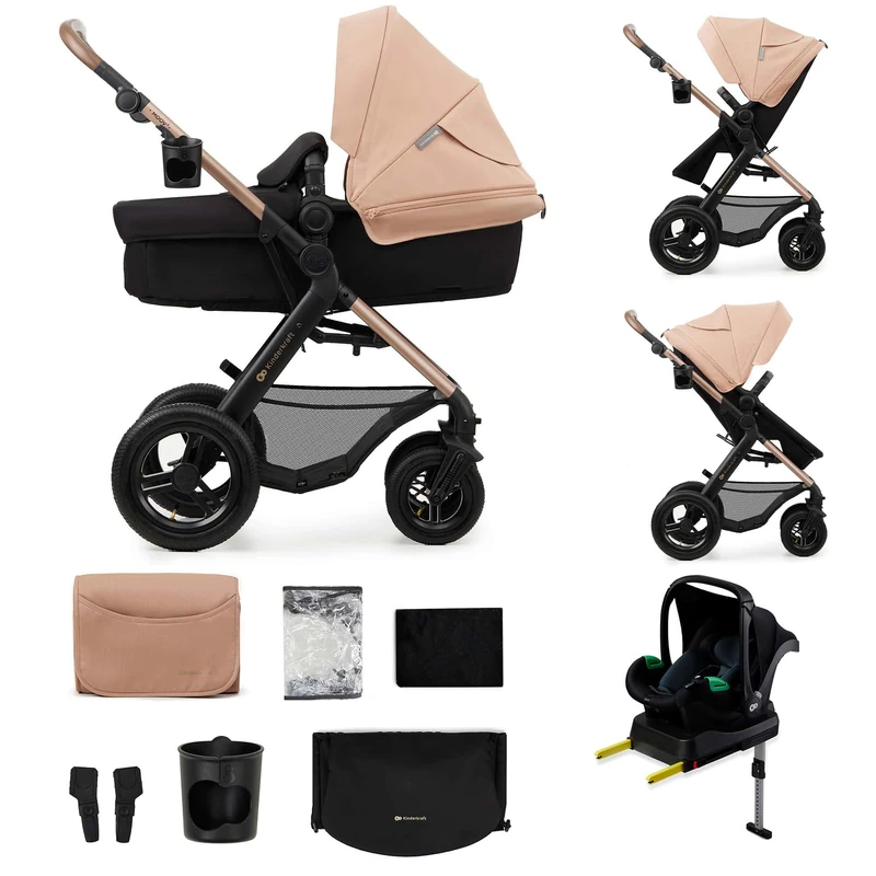 Kinderkraft MOOV 2 AIR 4 in 1 Set, Pram with Infant Car Seat with Isofix Base Mink PRO I-Size, Travel System, Baby Pushchair, Buggy, Foldable, from Birth to 22 kg, Inflatable Wheels, Beige