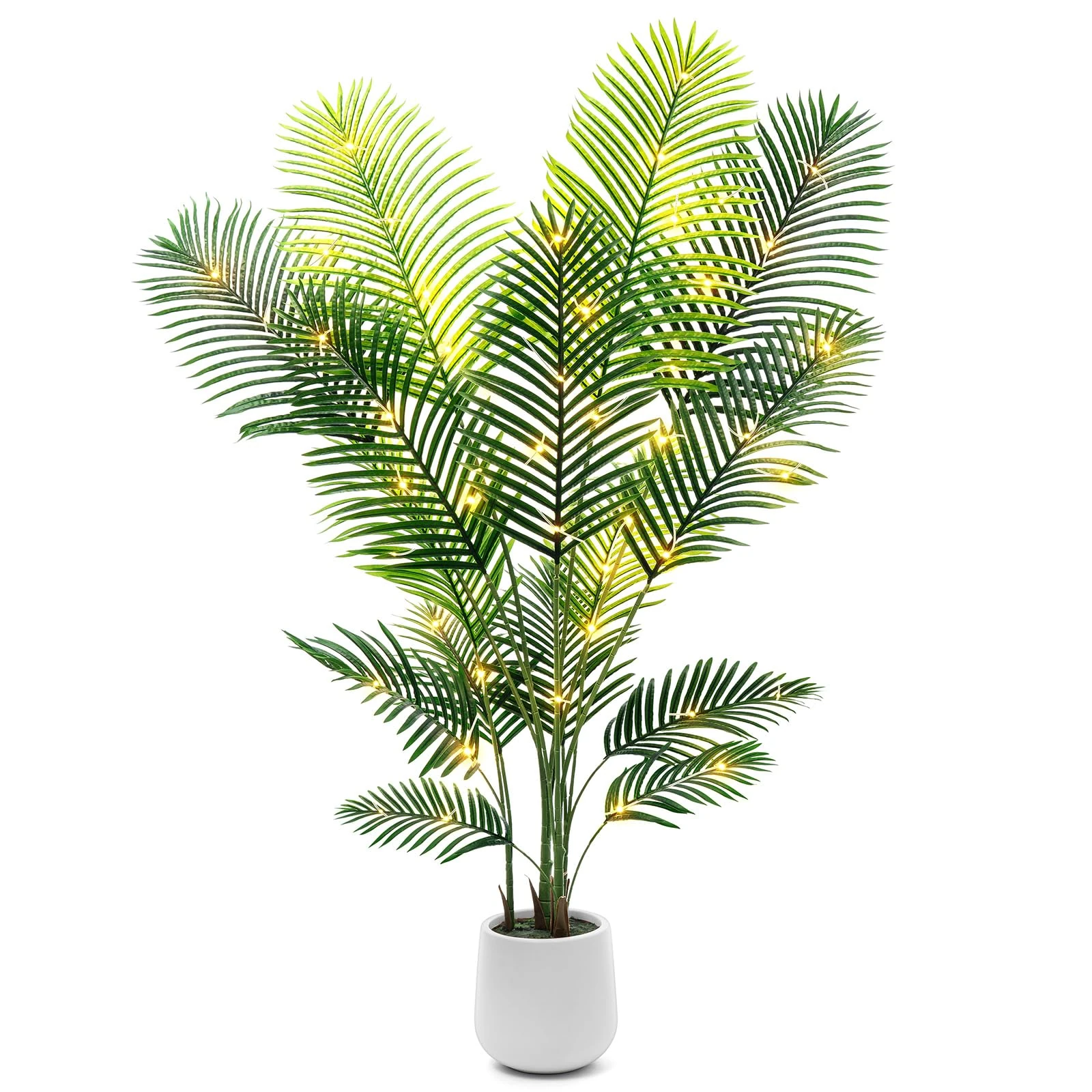 6ft Artificial Palm Tree with LED Fairy Lights & White Planter - Lifelike Faux Tropical Areca Palm Plant with Realistic Trunk & Adjustable Branches for Indoor Home Office Living Room Corner Decor