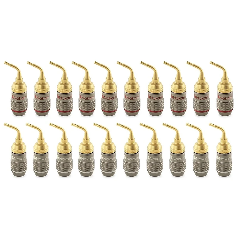 Nakamichi FanLock Excel Series 24k Gold Plated 2mm Pin Plugs Banana 10 AWG - 18 AWG Gauge Size 4mm for Spring Clip Speakers Amplifier Hi-Fi Home Theatre Wire Cable Quick Connector, 20 Pcs (10-Pairs)