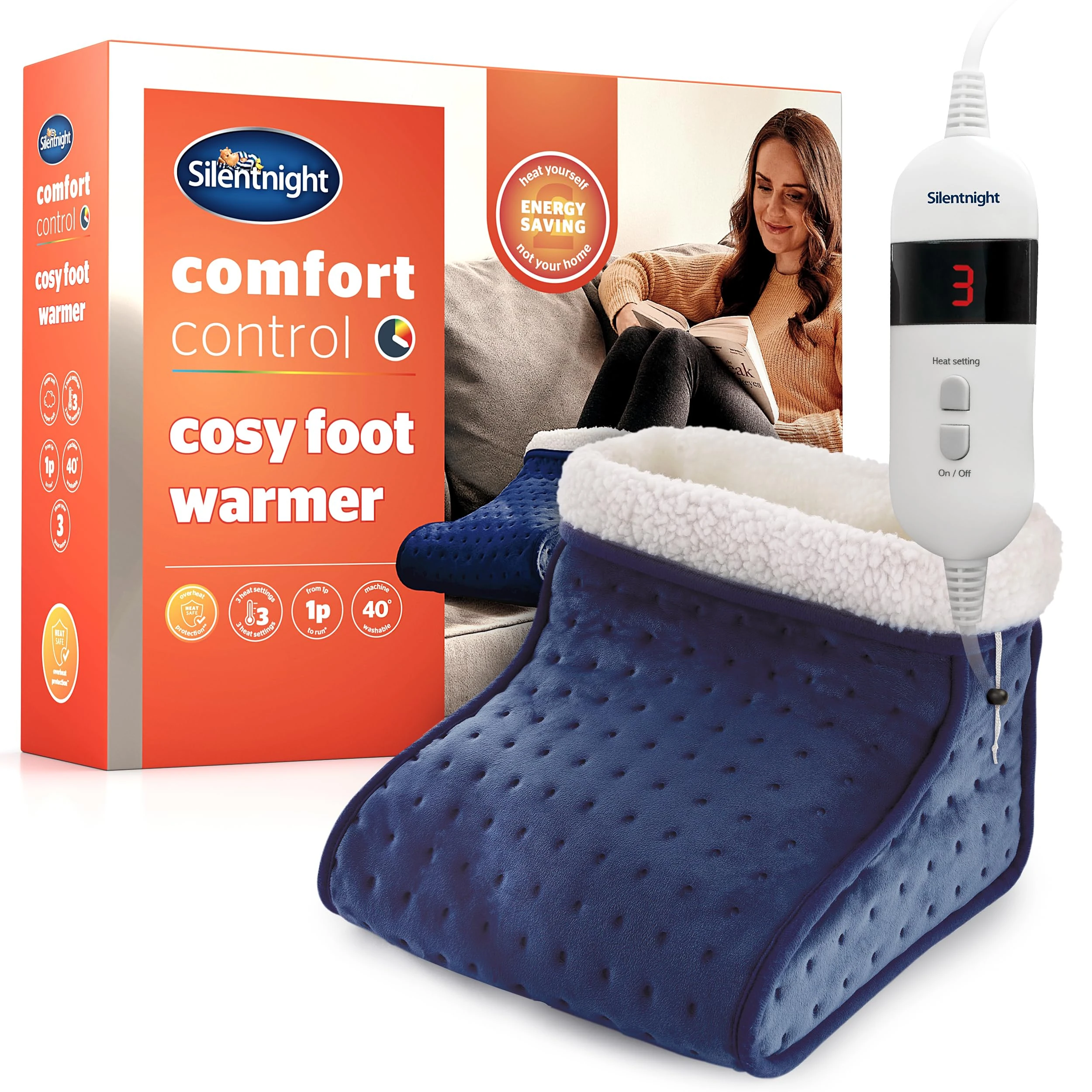 Silentnight Electric Foot Warmer for Cold Feet - Heated Foot Warmer with 3 Heat Settings, Super Soft Teddy Fleece Machine Washable Lining, and Overheat Protection - Warm Cosy - Navy Blue