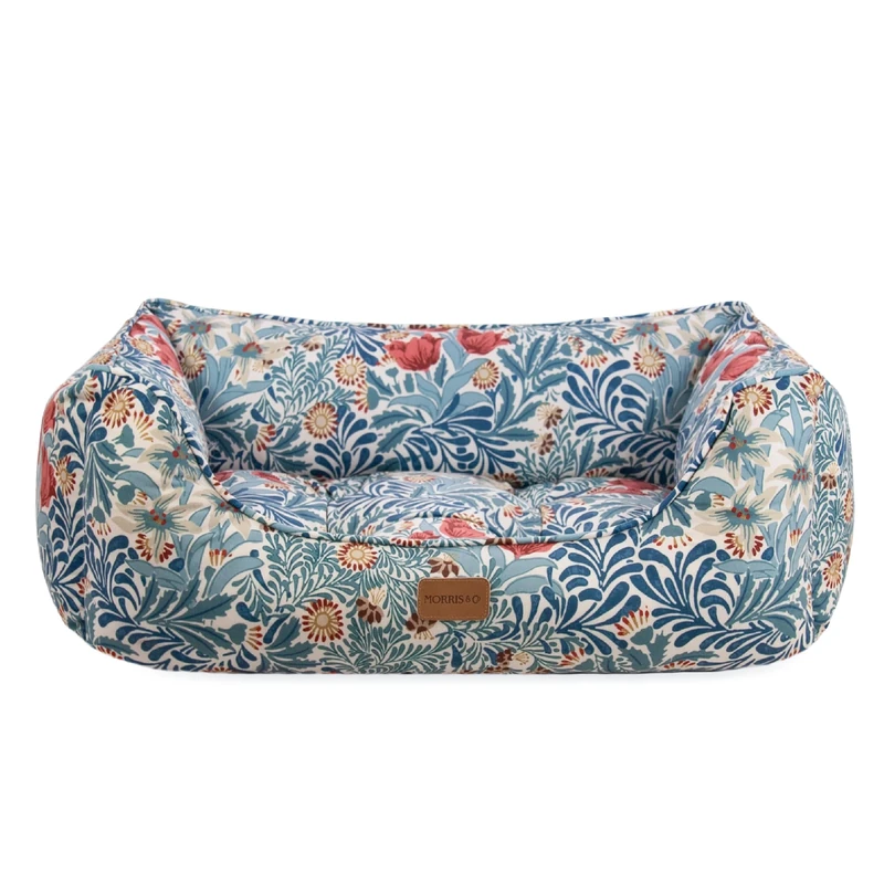 Rosewood x Morris & Co. Bower Berry Box Bed for Dogs, Small Pet Bed, Blue, Padded Sides, Non-Slip Base, Washable, Luxury William Morris Print