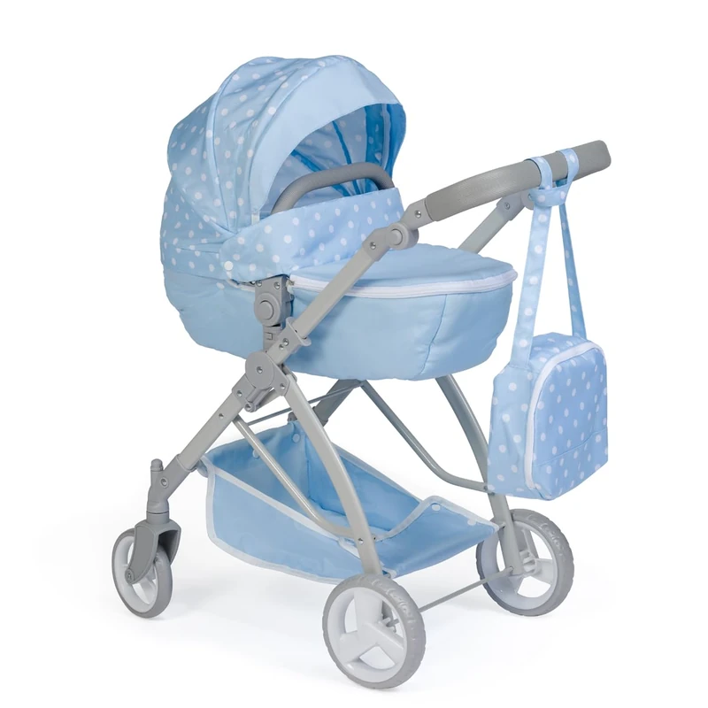 JC Toys - Folding trolley dolls up to 45 cm, basket, hood, stroller bag, adjustable handlebar, removable carrycot, ideal for playing and walking, Blue, designed by Berenguer Boutique, +3 years