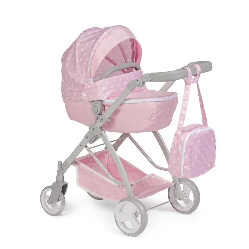 JC Toys - Folding trolley dolls up to 45 cm, basket, hood, stroller bag, adjustable handlebar, removable carrycot, ideal for playing and walking, Pink, designed by Berenguer Boutique, +3 years