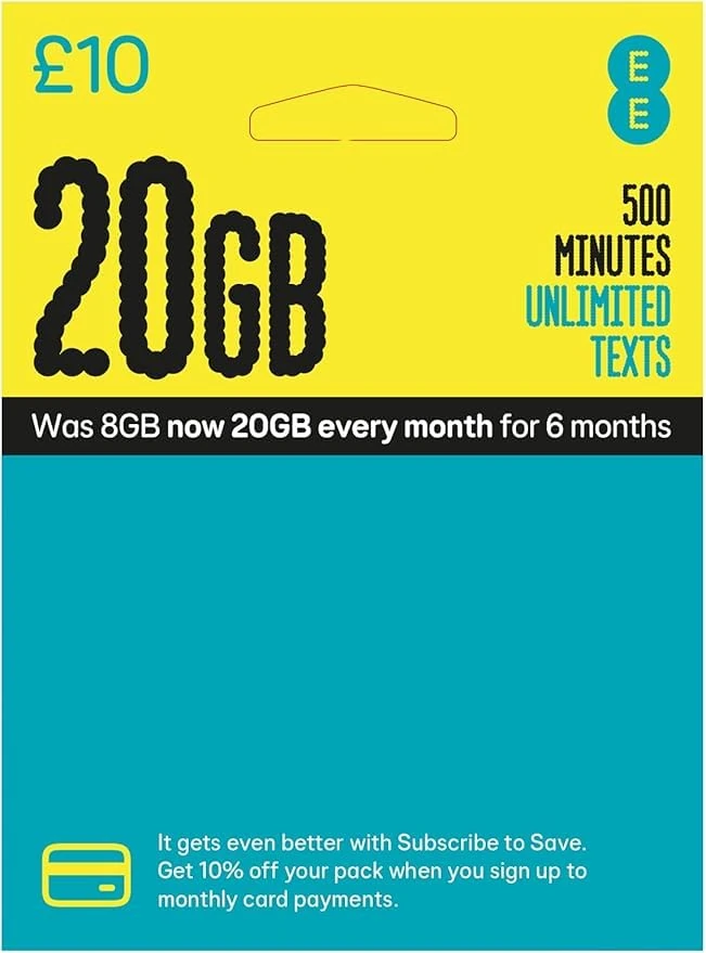 EE Pay As You Go Sim Card comes With 20 GB 500 minutes and unlimited texts