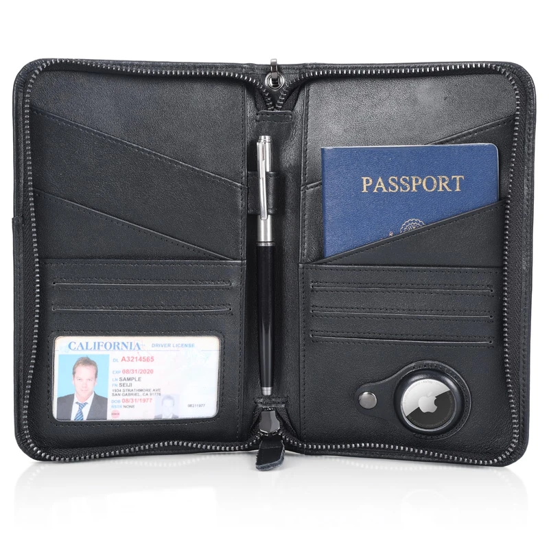Polare Full Grain Leather Passport Holder Cover Case for Men and Women RFID Blocking Family Travel Wallet Holds 6 Passports, Black with AirTag Slot, L
