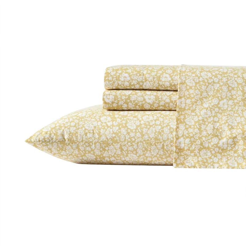 Laura Ashley - Queen Sheets, Cotton Percale Bedding Set, Lightweight & Breathable Home Decor, Oeko-Tex Certified (Heirloom Ditzy Gold, Queen)