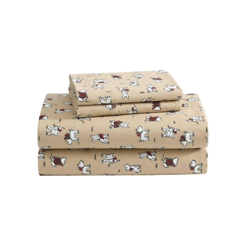 Laura Ashley - King Sheets, Breathable Cotton Flannel Bedding with Deep Pockets, Brushed for Extra Softness & Comfort, Oeko-Tex Certified (Holiday Scottie Beige, King)