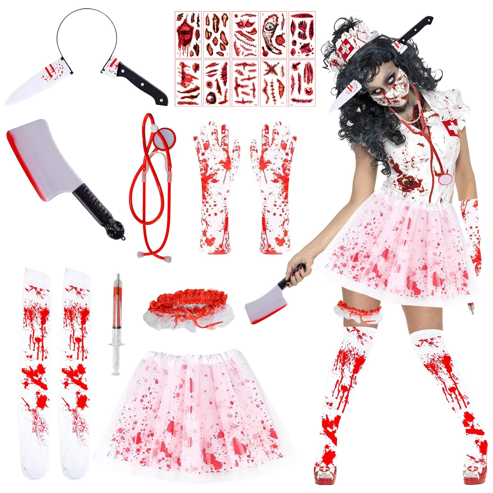HUIKUANGEU Bloodstained White Long Sleeve Dress, Bloody Nurse Costume, Carnival Blood Costume Women's Set, Tutu Skirts, Scary Nurse Zombie Costume, Zombie Nurse