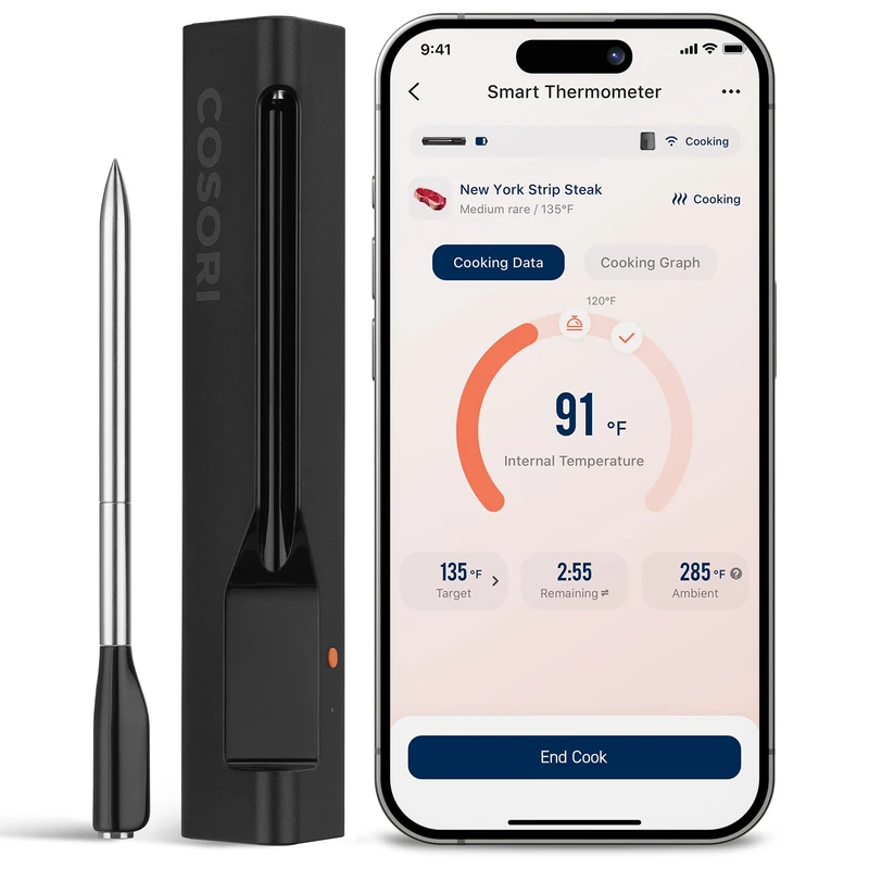 COSORI Smart Wireless Fleischthermometer, 72 Stunden Akkulaufzeit und 96 Kochanleitungen, Bluetooth Fleischthermometer digital für Grill