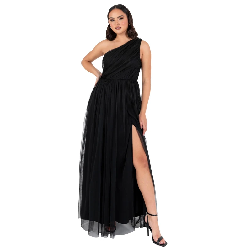 Anaya with Love Womens Ladies Maxi One Cold Shoulder Dress with Slit Split Sleeveless Prom Wedding Guest Bridesmaid Ball Evening Gown, Black 14