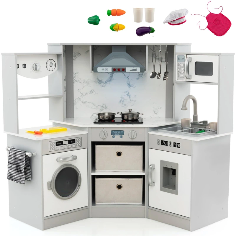 GYMAX Kids Corner Kitchen, Wooden Toy Kitchen with Sink, Stove, Microwave, Lighted Range Hood, Water Circulation, Water Dispenser & Washing Machine, Play Kitchen for 3 + Years Old (Gray+White)