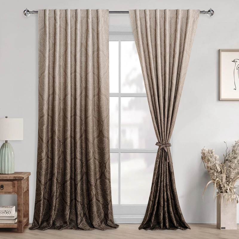 DWCN Brown Ombre Blackout Curtains for Bedroom - Back Tab Exta Long Elegant Damask Design Tieable Window Drapes Thermal Insulted Light Blocking Curtains for Living Room, 2 Panels, W52 x L102, Brown